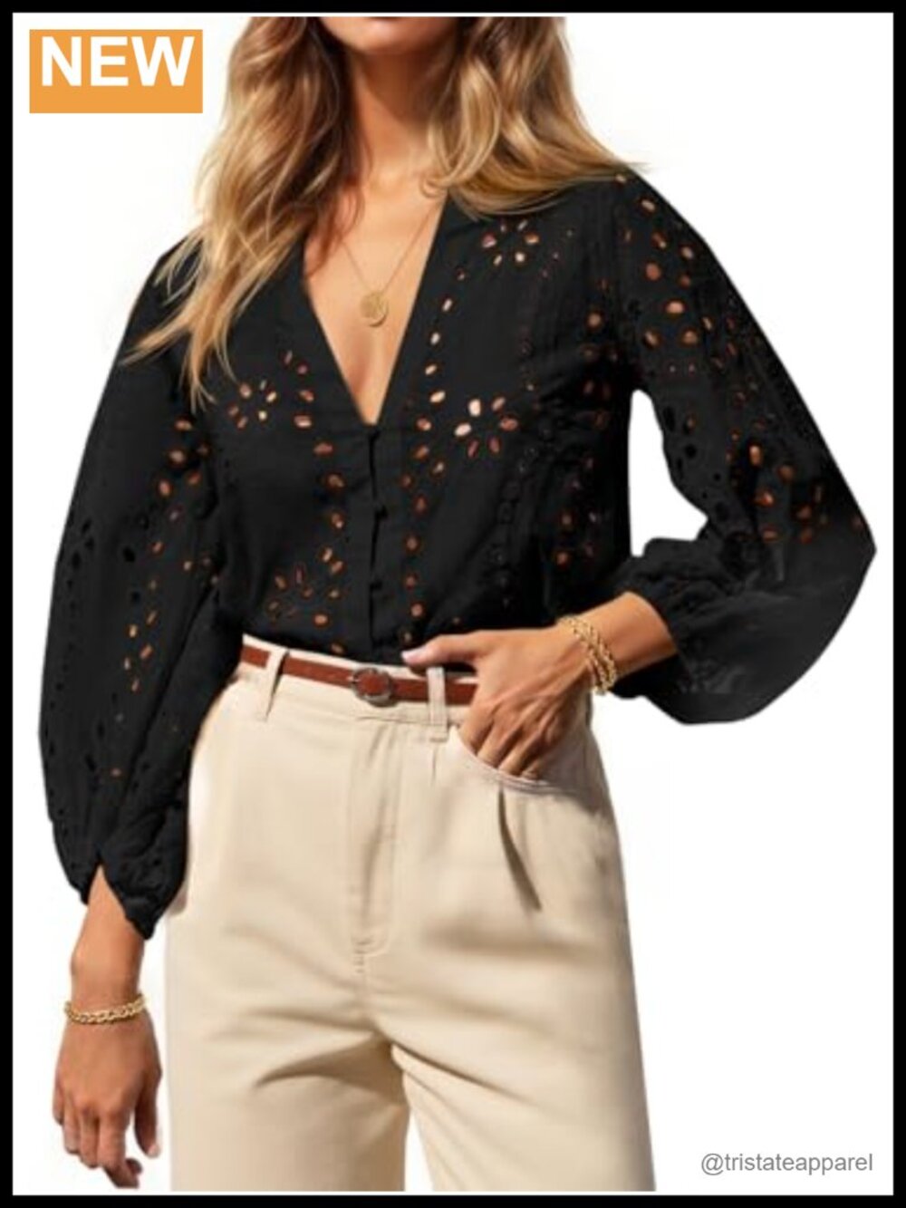 Women's Eyelet Cotton Blouse Deep V-Neck 3/4 Balloon Sleeve Button Down